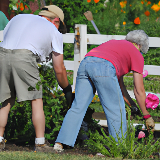 קשישים מטפלים בשמחה בגינה שלהם, מציגים את המעורבות הפיזית הכרוכה בכך.